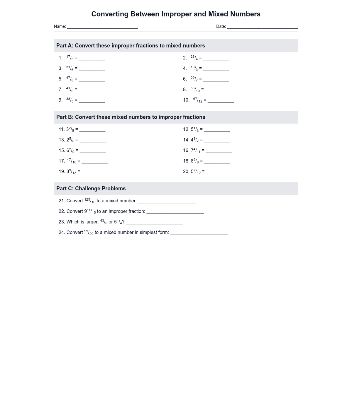 Converting Between Improper and Mixed Numbers