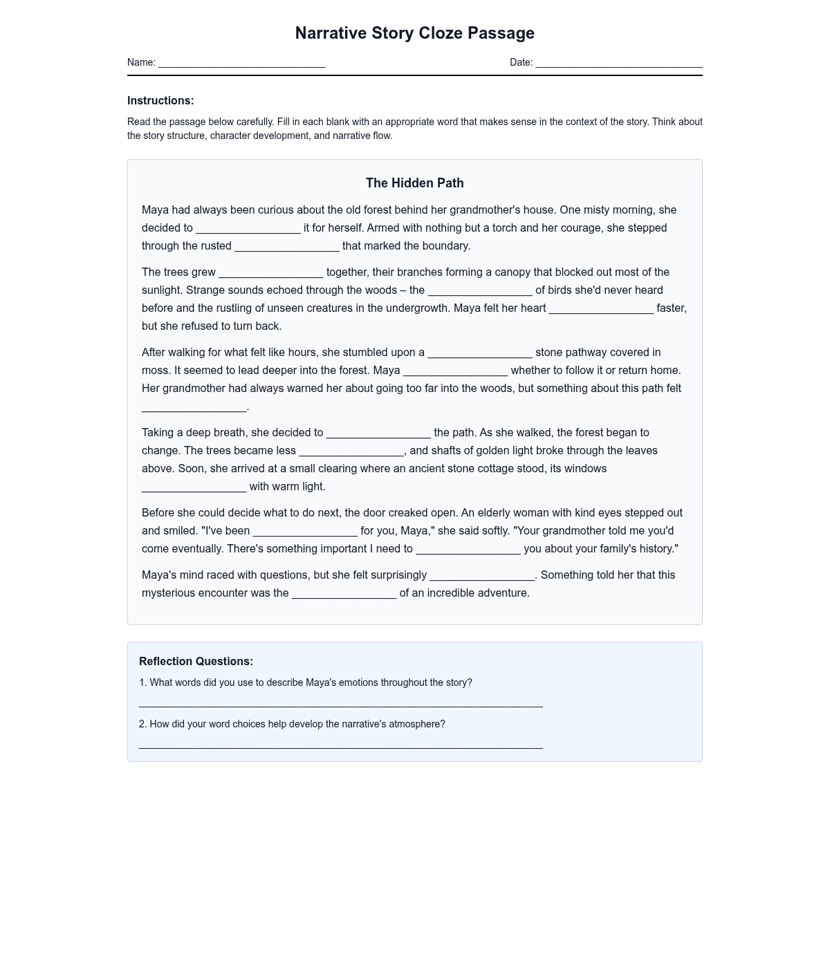 Narrative Story Cloze Passage