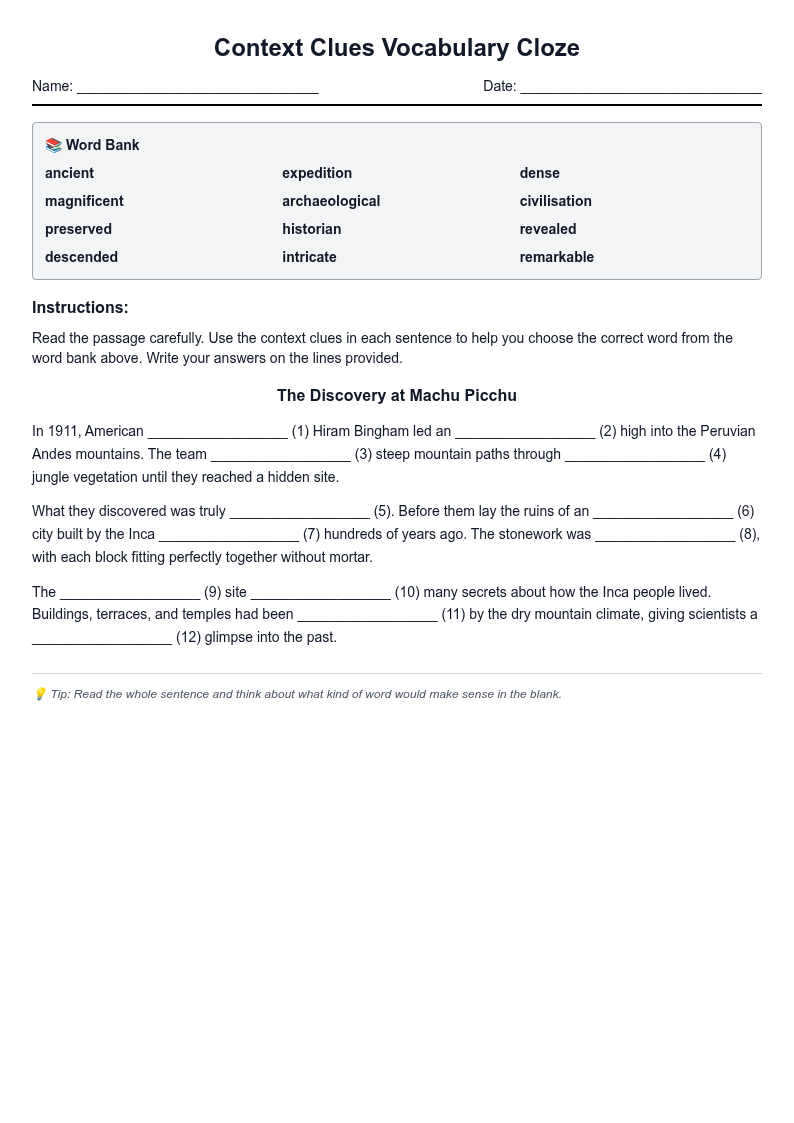 Context Clues Vocabulary Cloze