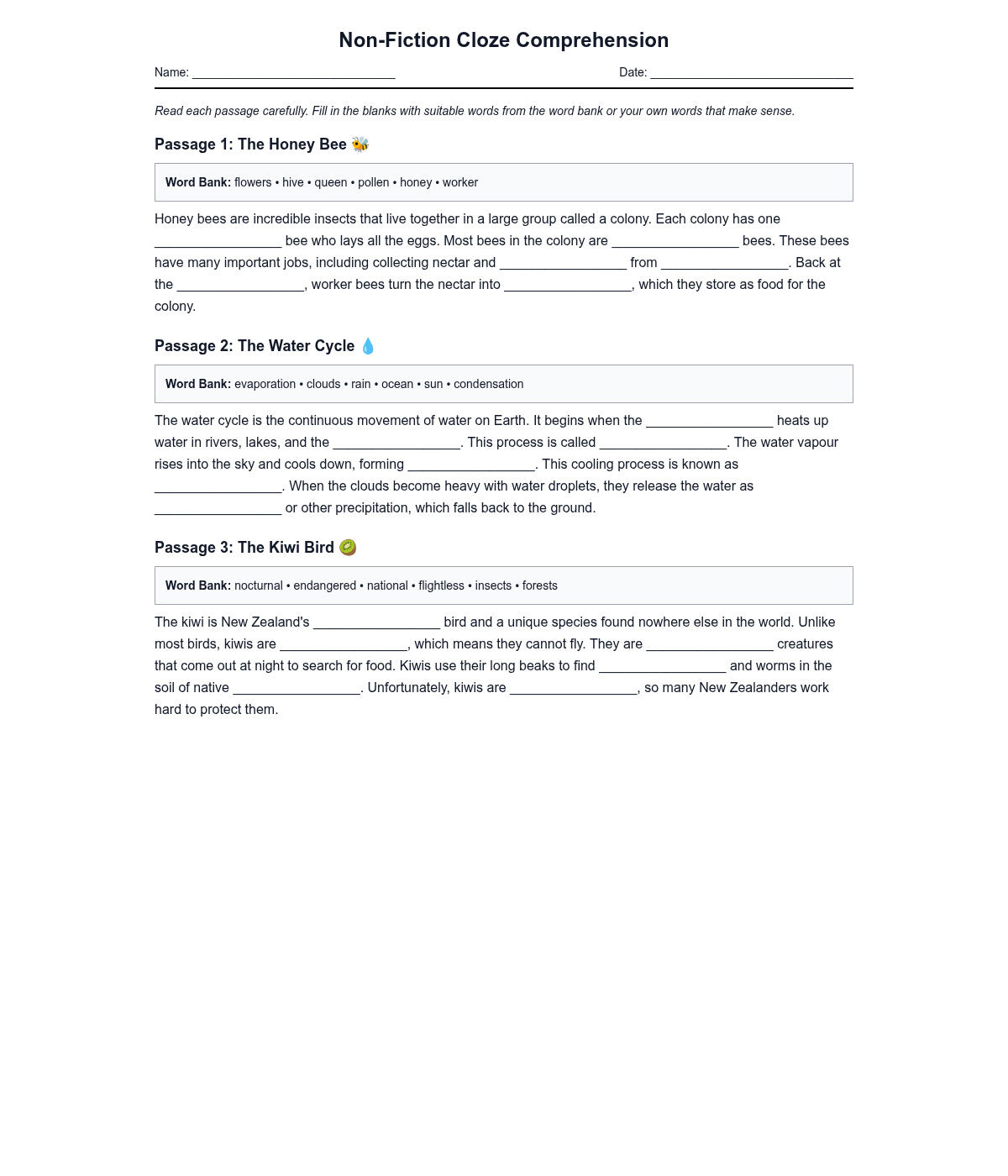 Non-Fiction Cloze Comprehension