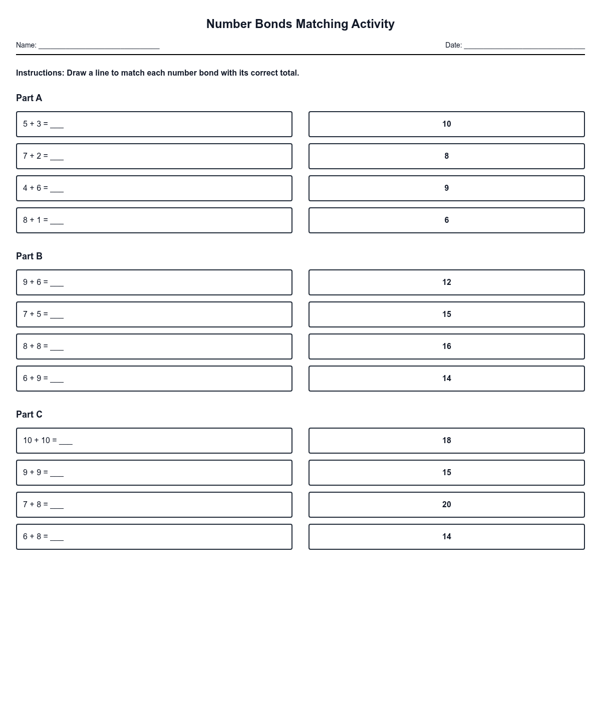Number Bonds Matching Activity