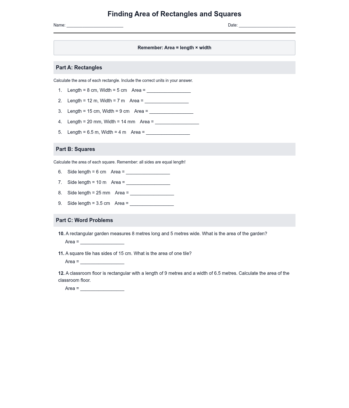 Finding Area of Rectangles and Squares
