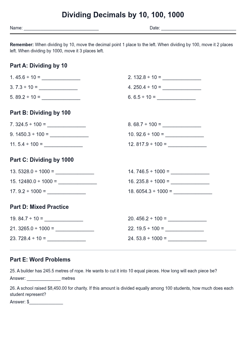 Dividing Decimals by 10, 100, 1000