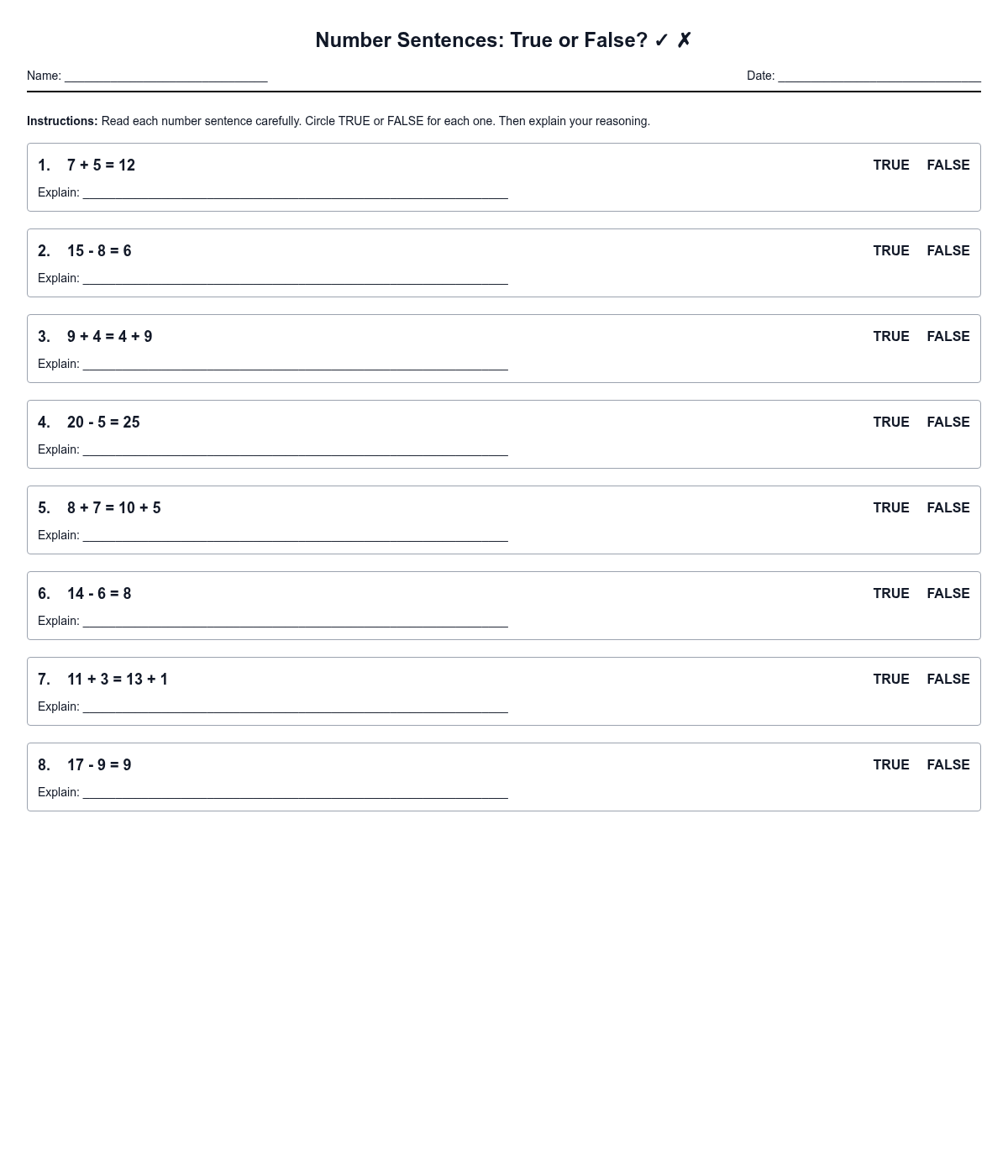 Number Sentences True or False