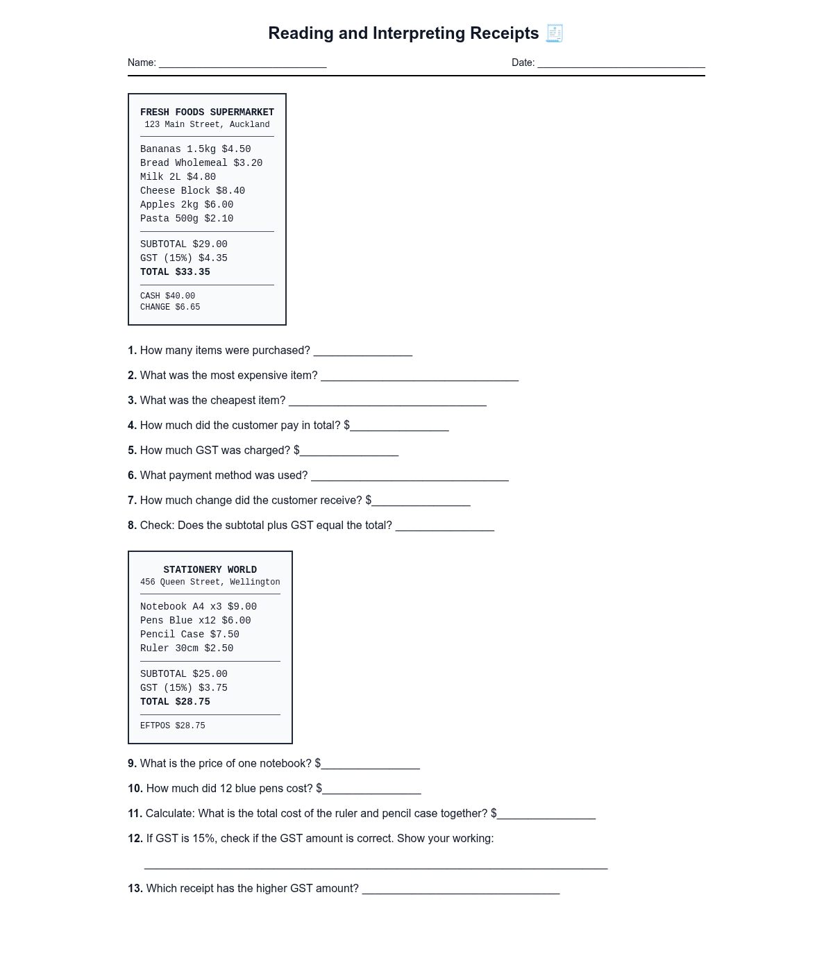 Reading and Interpreting Receipts