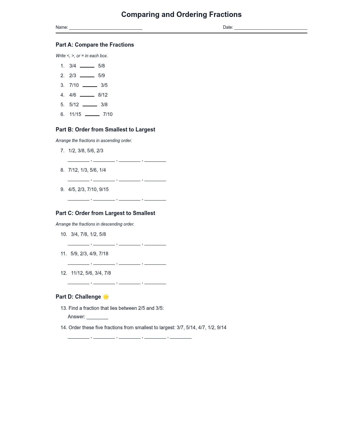 Comparing and Ordering Fractions