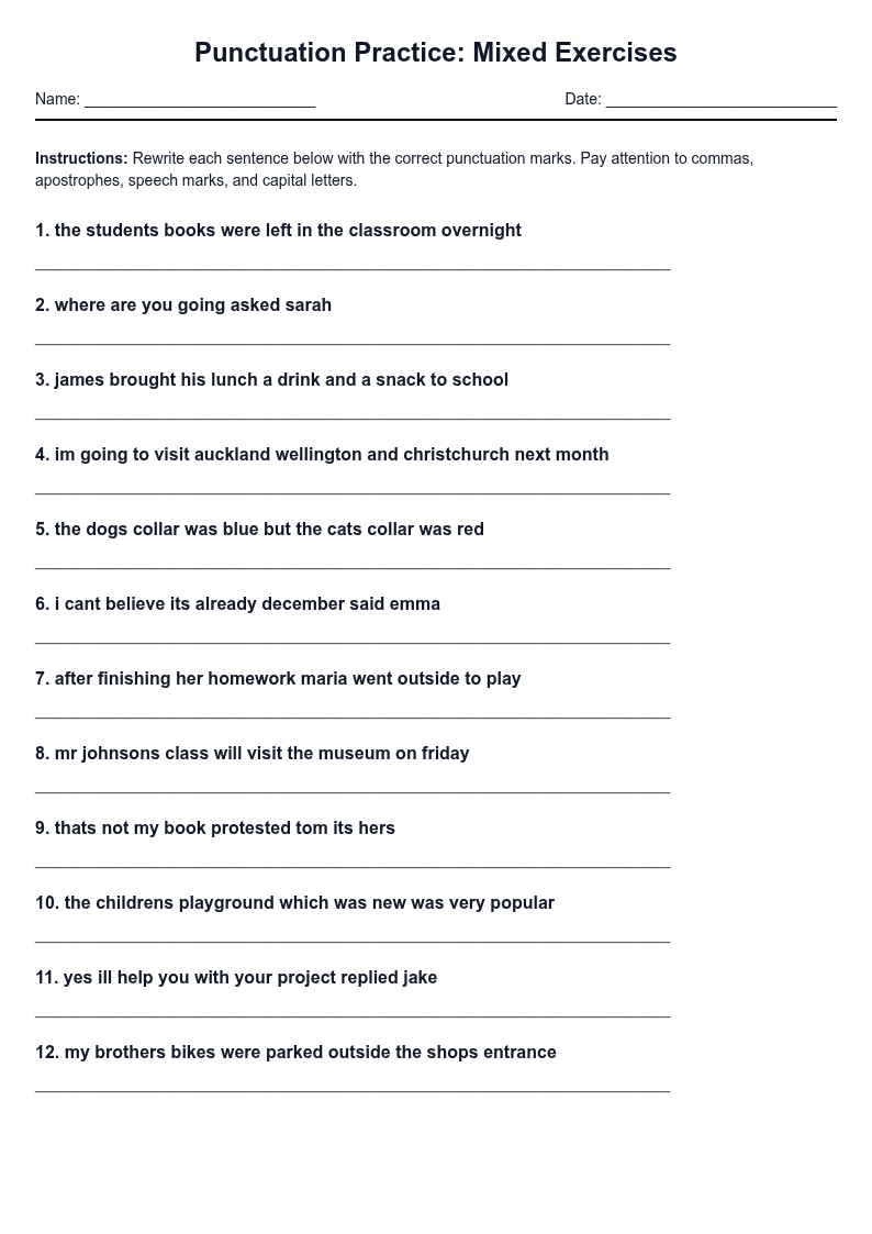 Punctuation Practice Mixed Exercises