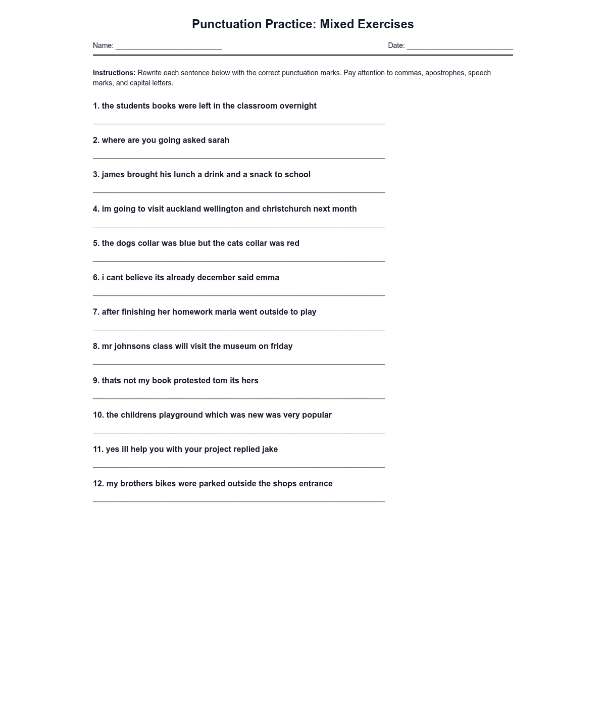 Punctuation Practice Mixed Exercises