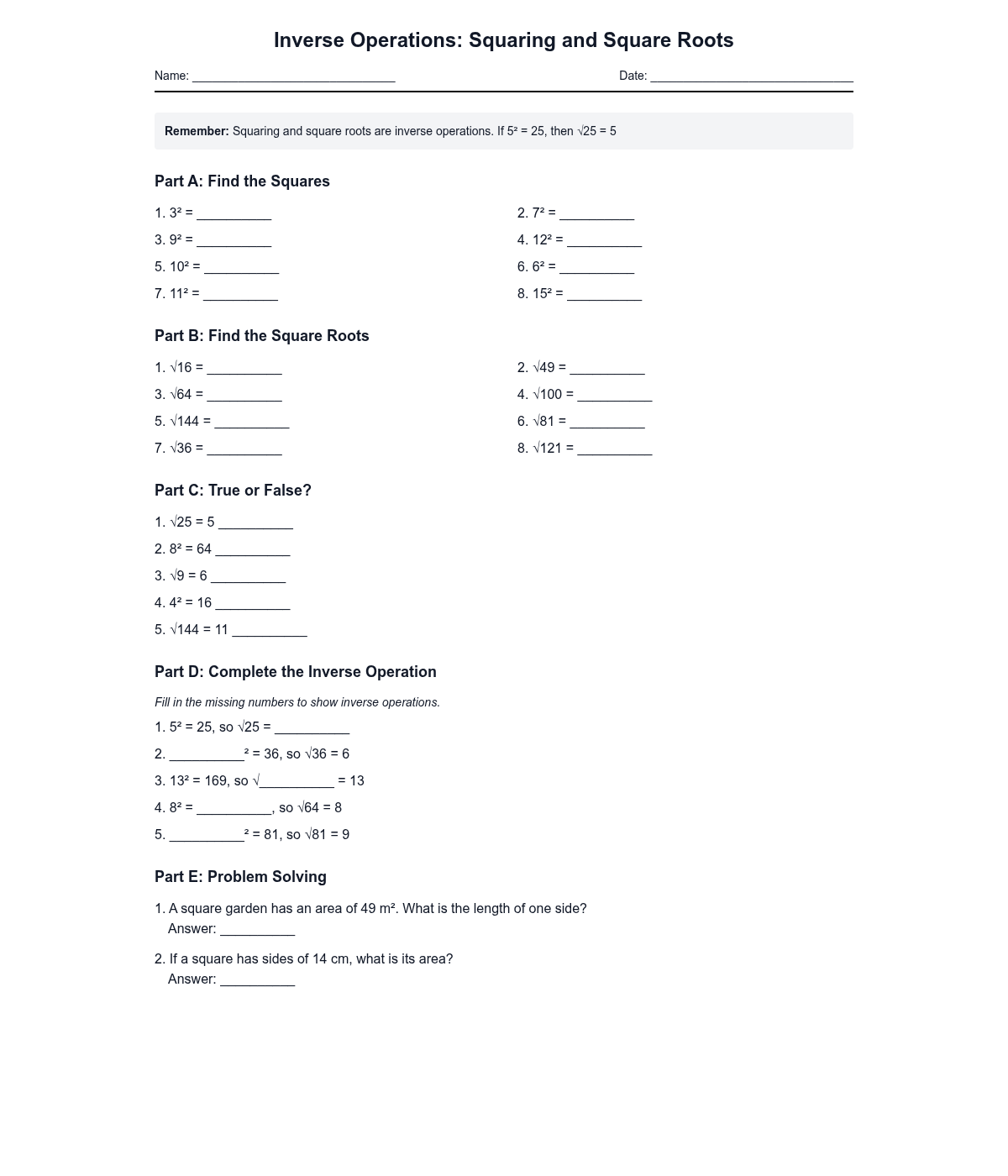 Inverse Operations: Squaring and Square Roots