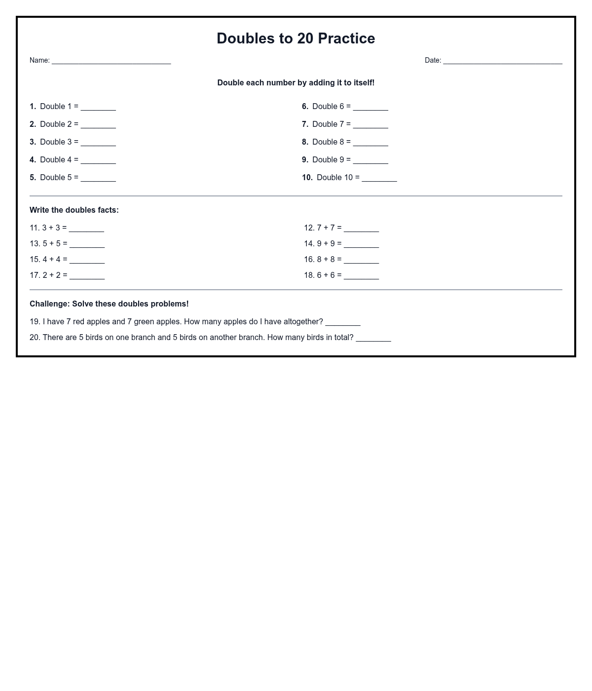 Doubles to 20 Practice