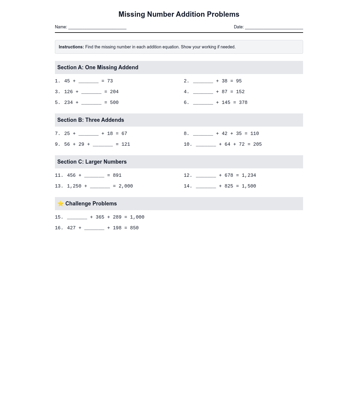 Missing Number Addition Problems