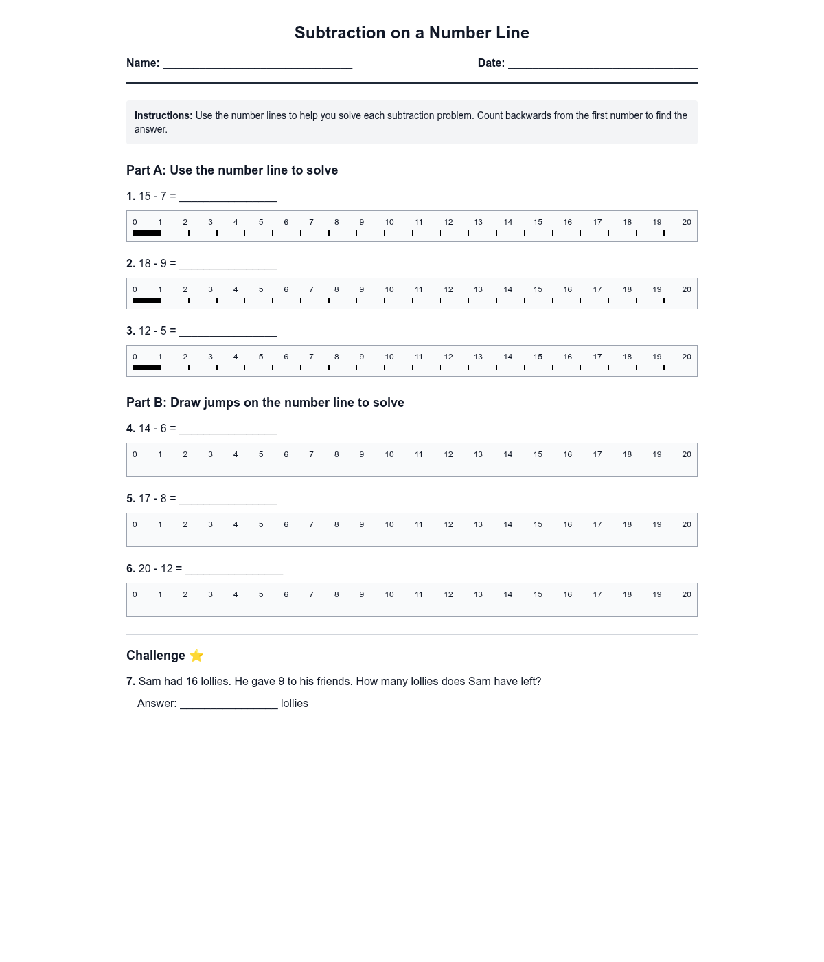 Subtraction on a Number Line