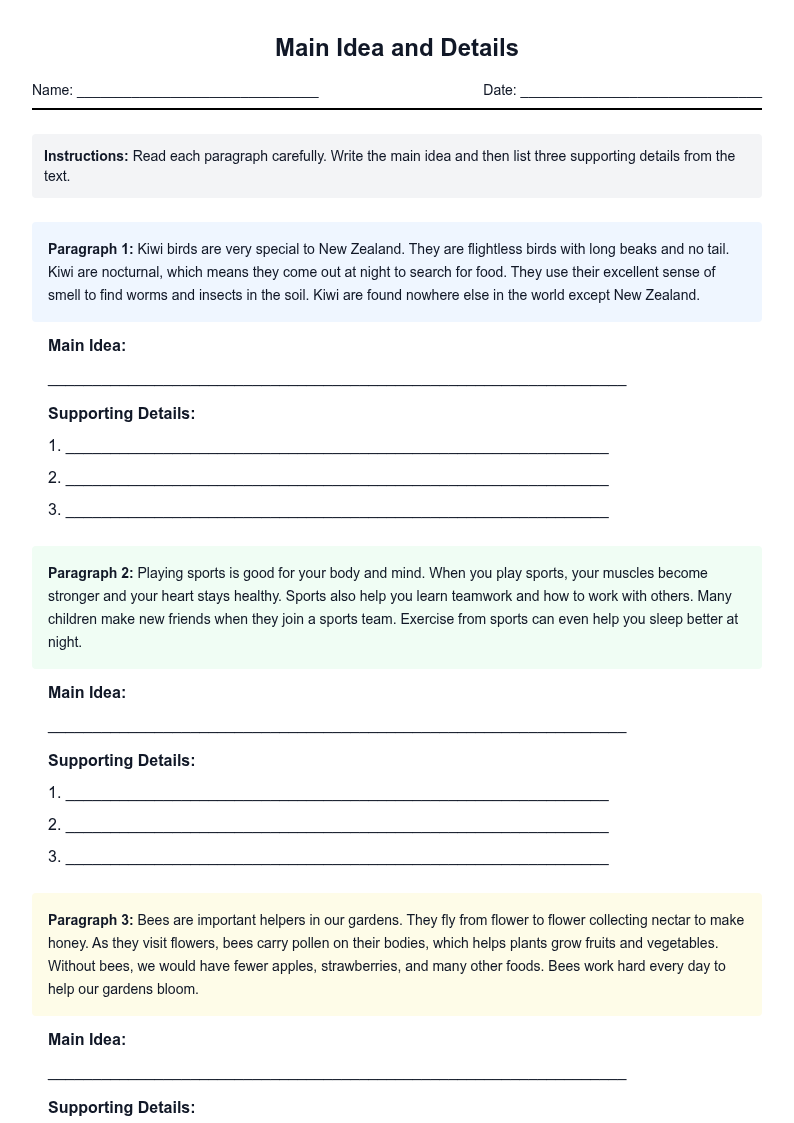 Main Idea and Details Reading Comprehension