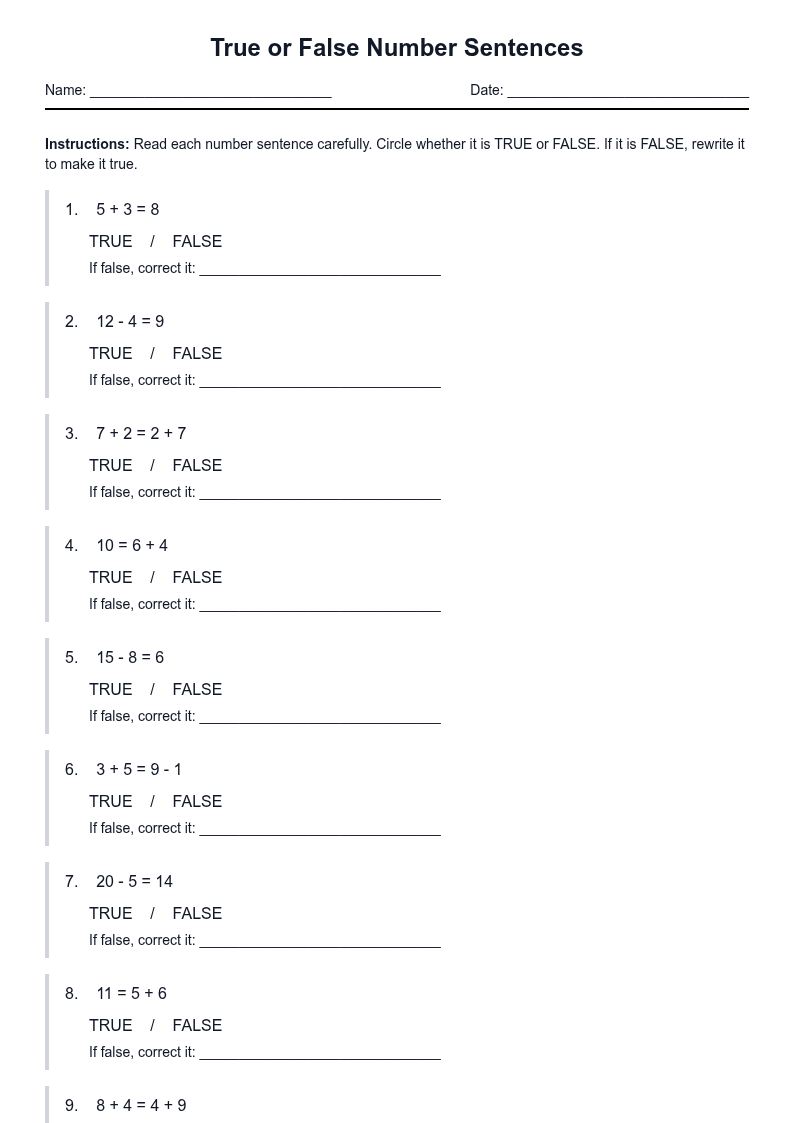 True or False Number Sentences