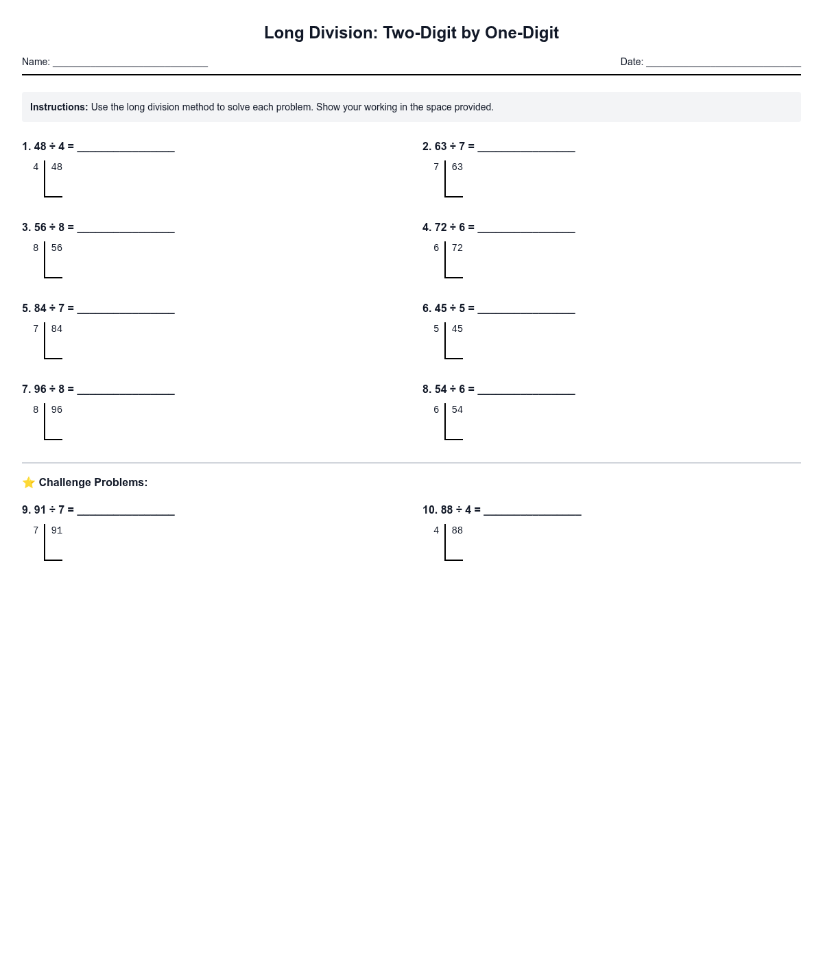 Long Division: Two-Digit by One-Digit