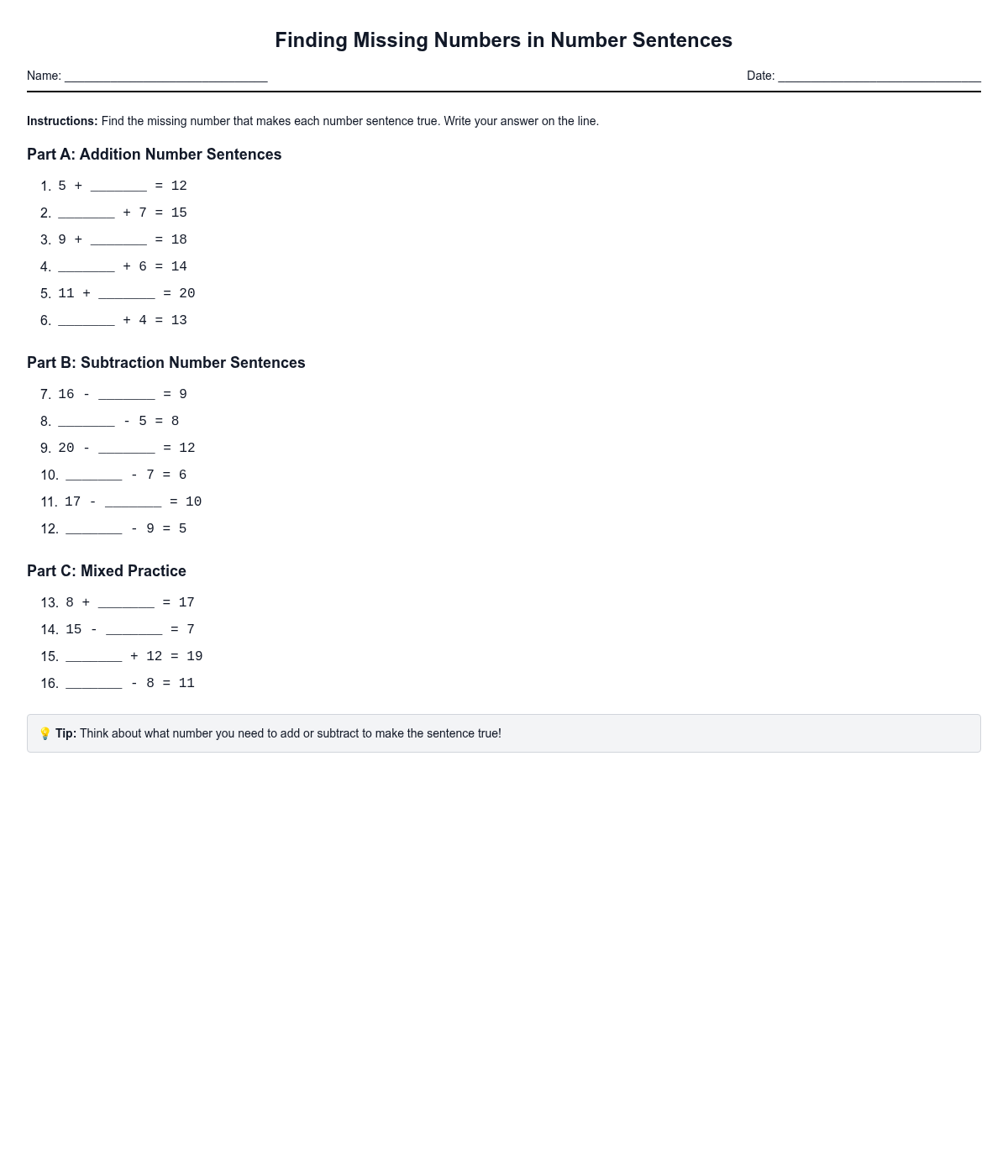 Finding Missing Numbers in Number Sentences
