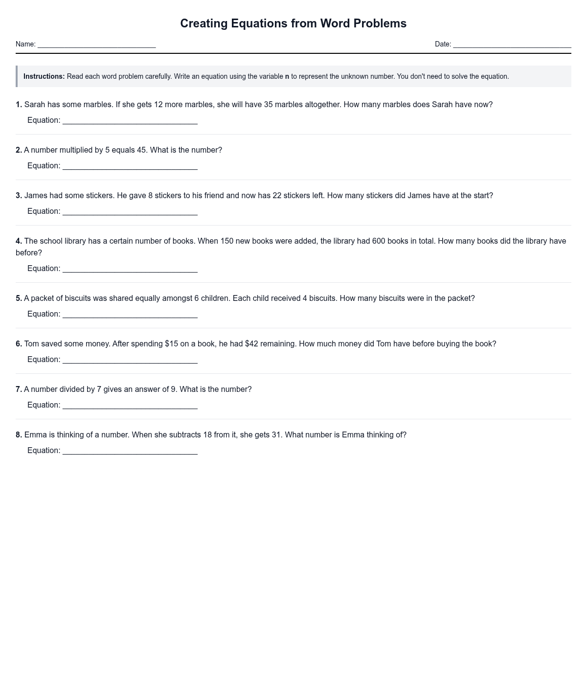 Creating Equations from Word Problems