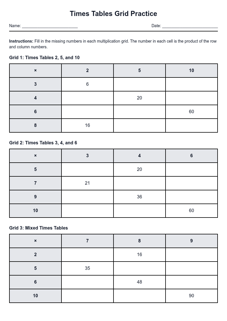 Times Tables Grid Practice
