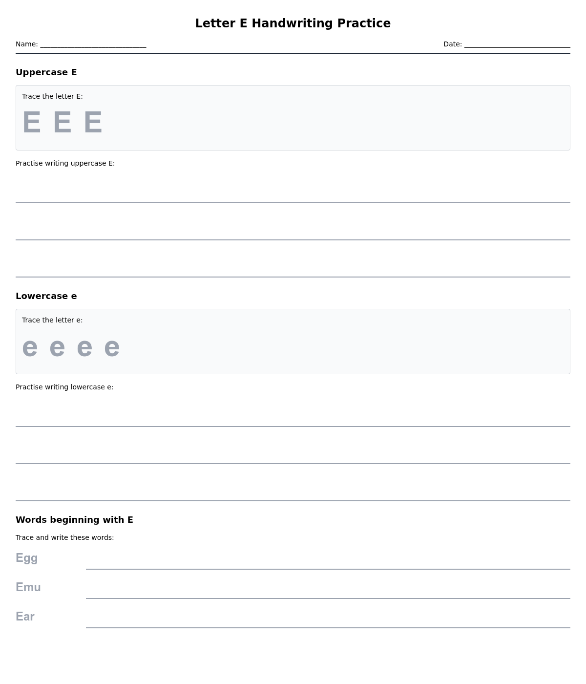 Letter E Handwriting Practice