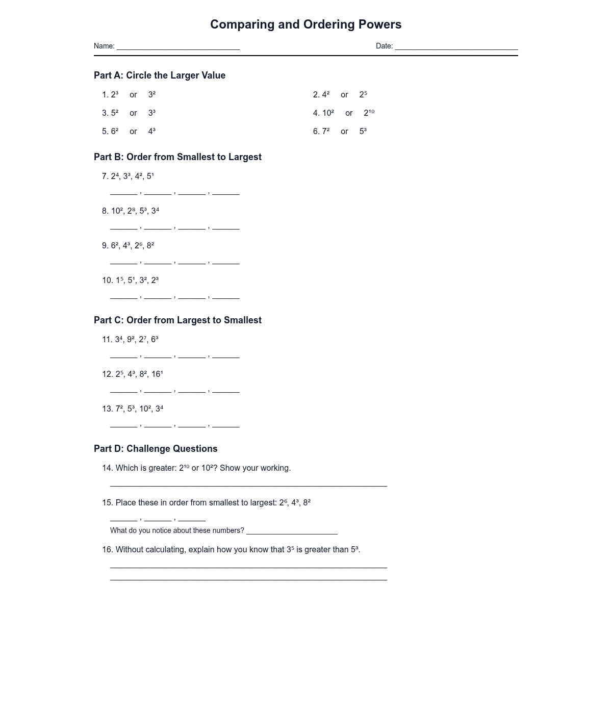 Comparing and Ordering Powers
