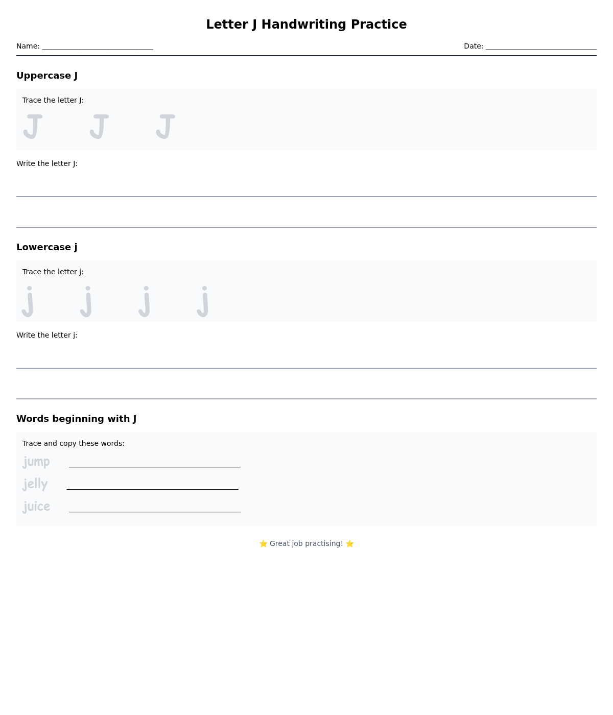 Letter J Handwriting Practice