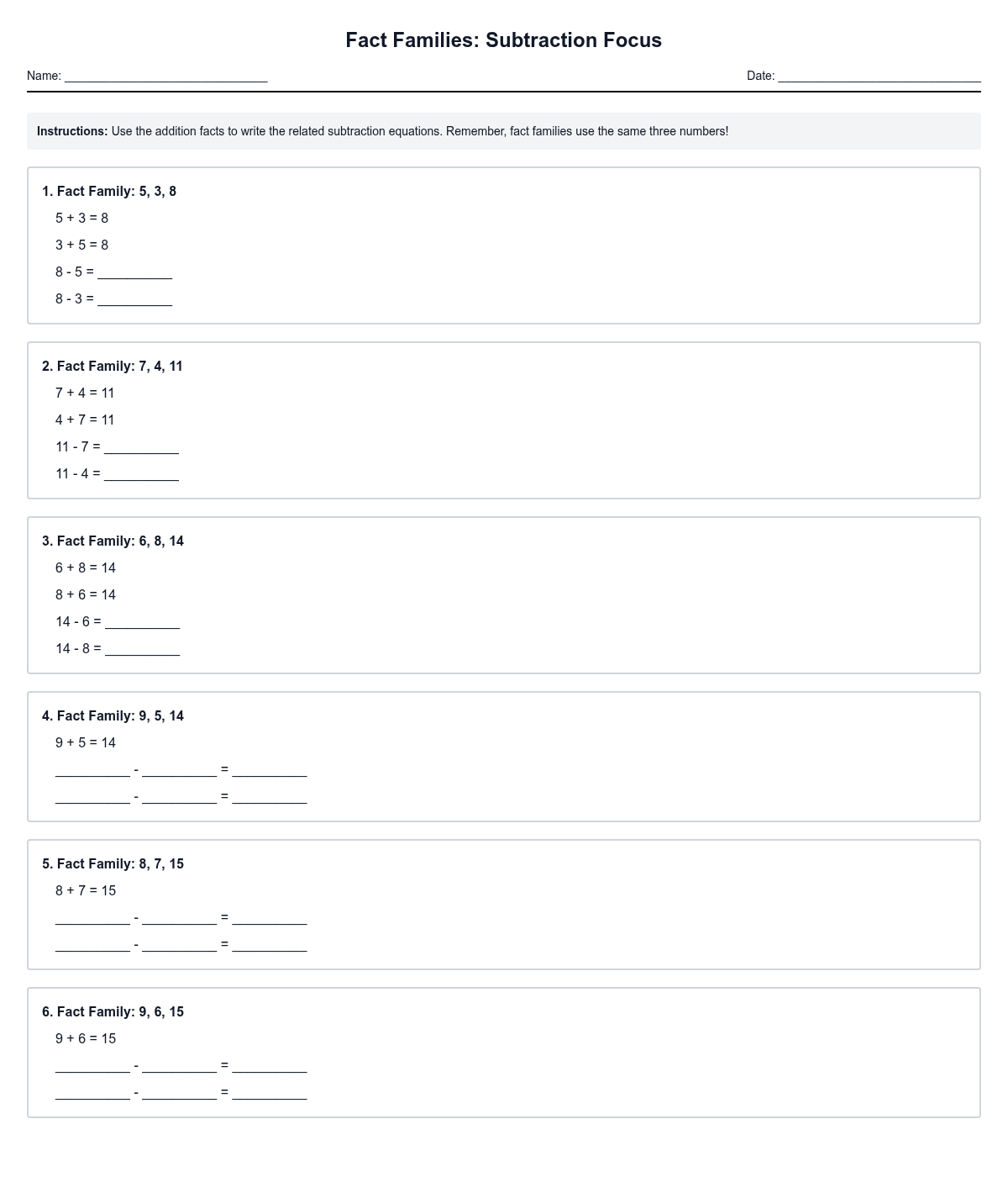 Fact Families Subtraction Focus