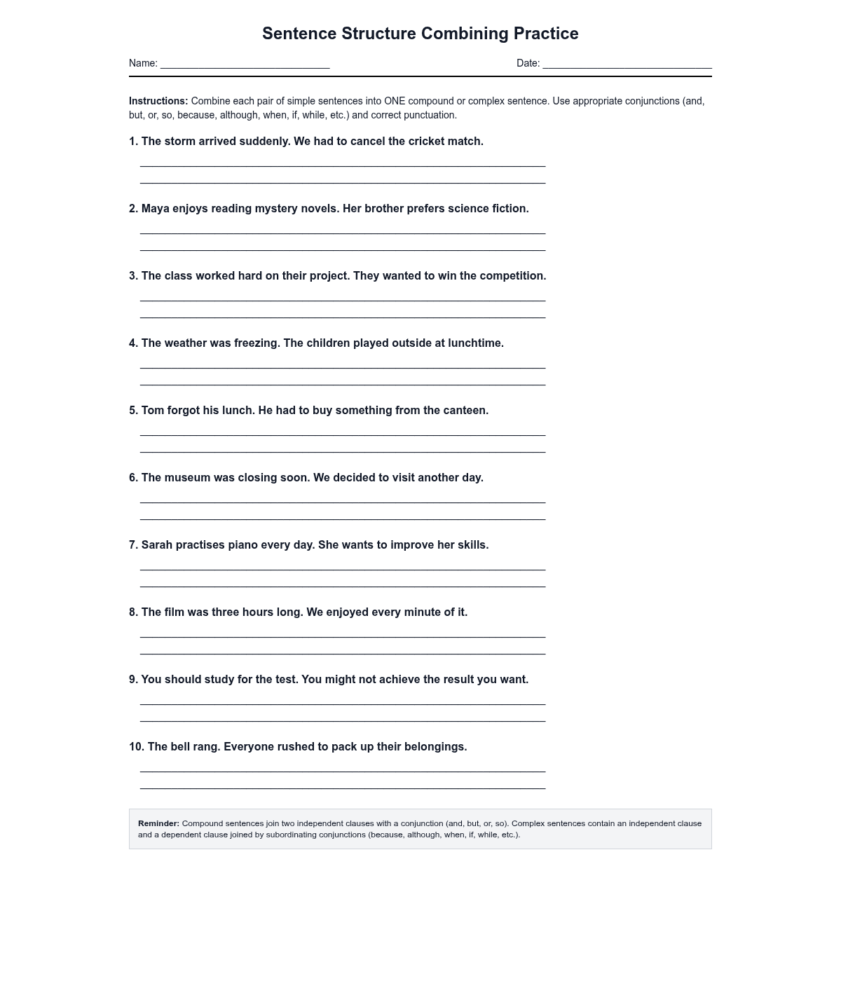 Sentence Structure Combining Practice