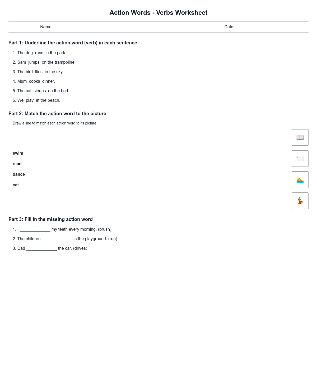 Action Words - Verbs Worksheet