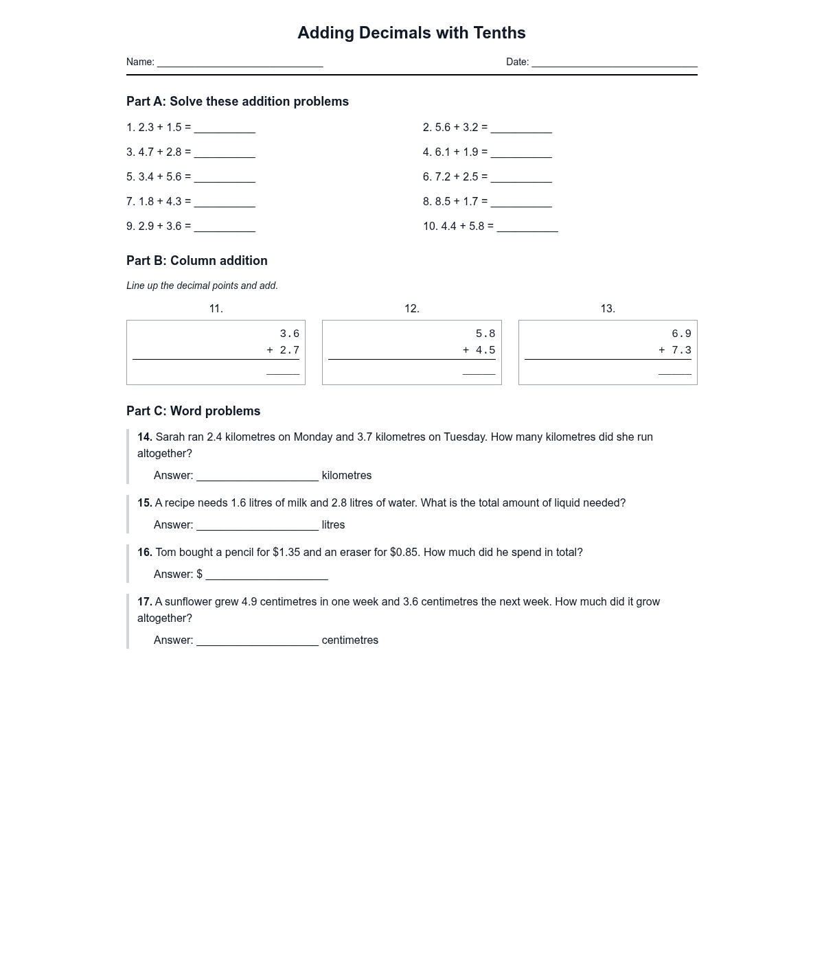 Adding Decimals with Tenths