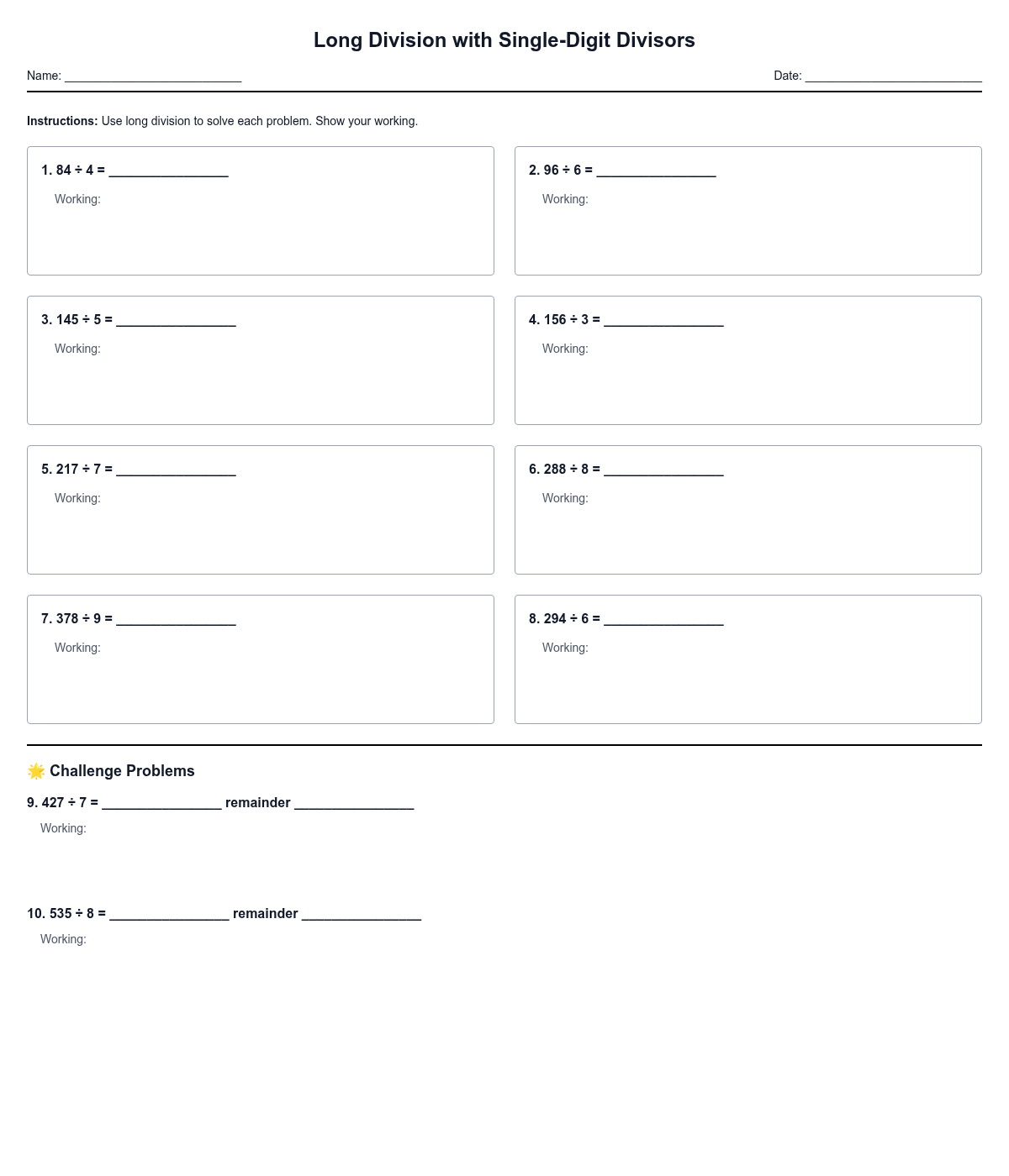 Long Division with Single-Digit Divisors