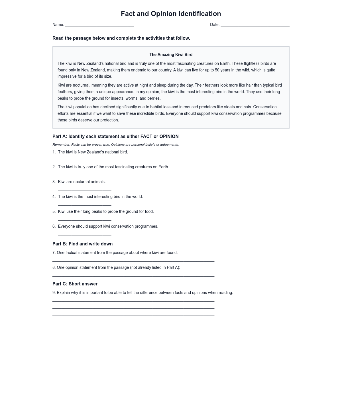 Fact and Opinion Identification Worksheet