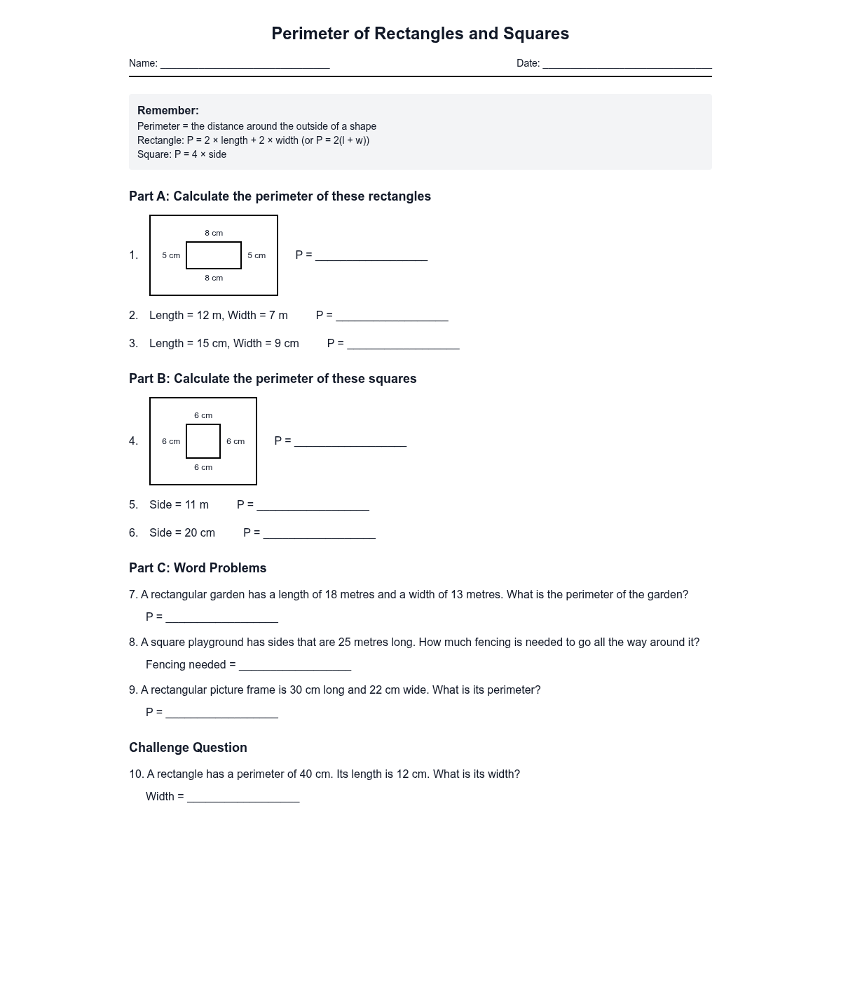Perimeter of Rectangles and Squares