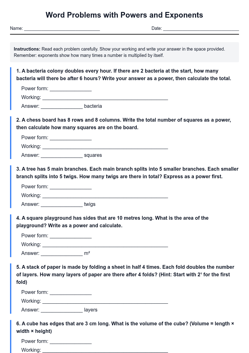 Word Problems with Powers and Exponents