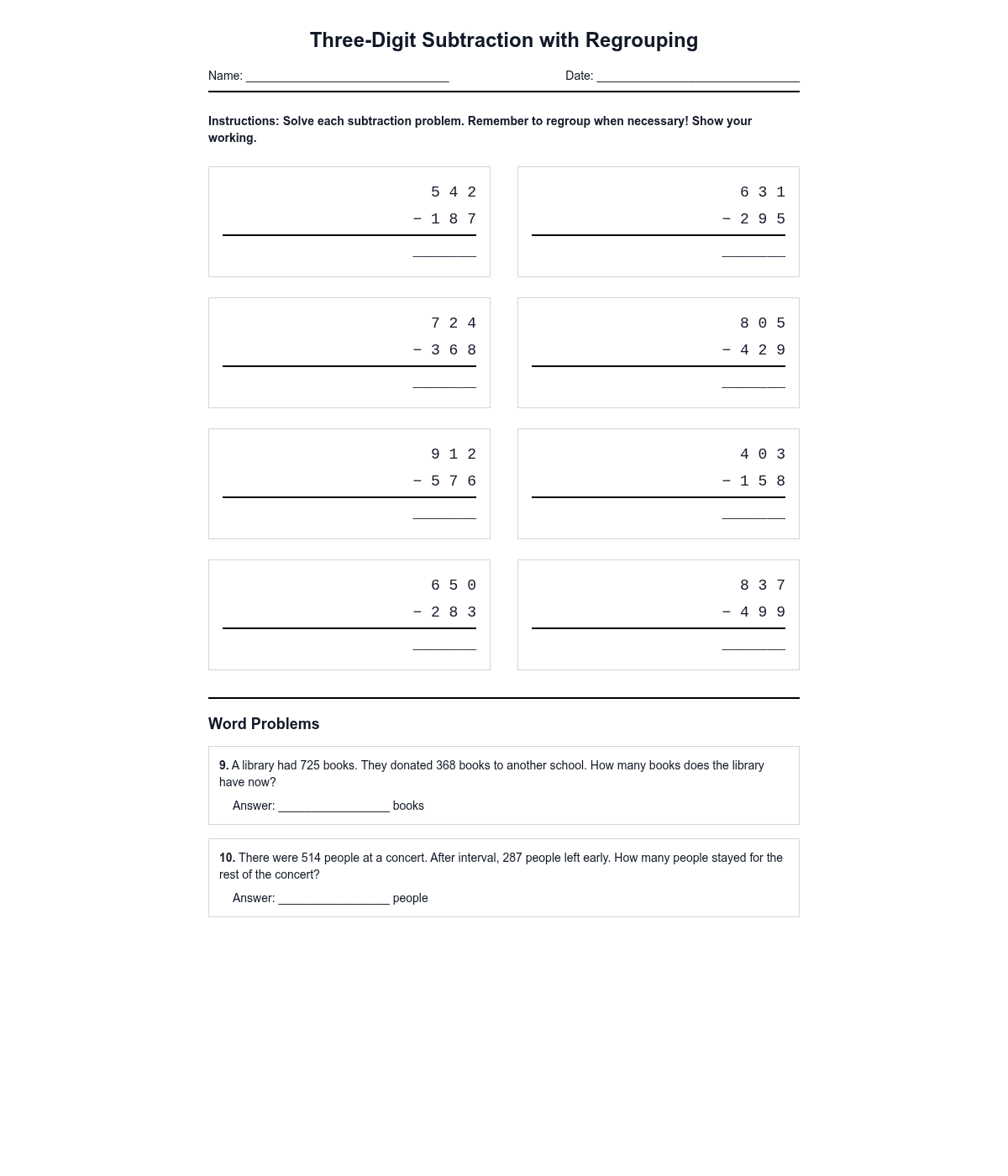 Three-Digit Subtraction with Regrouping
