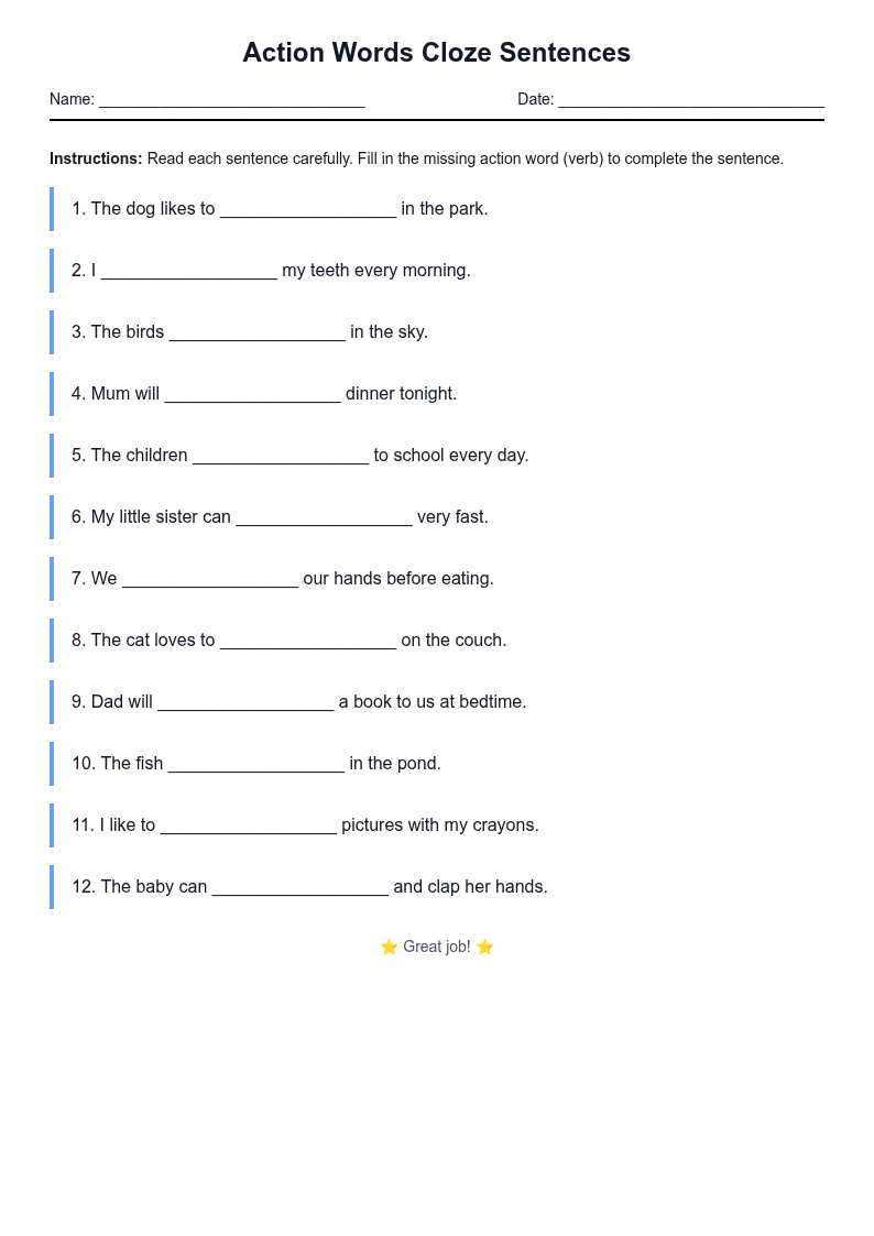 Action Words Cloze Sentences