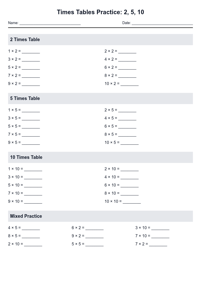 Times Tables Practice 2, 5, 10