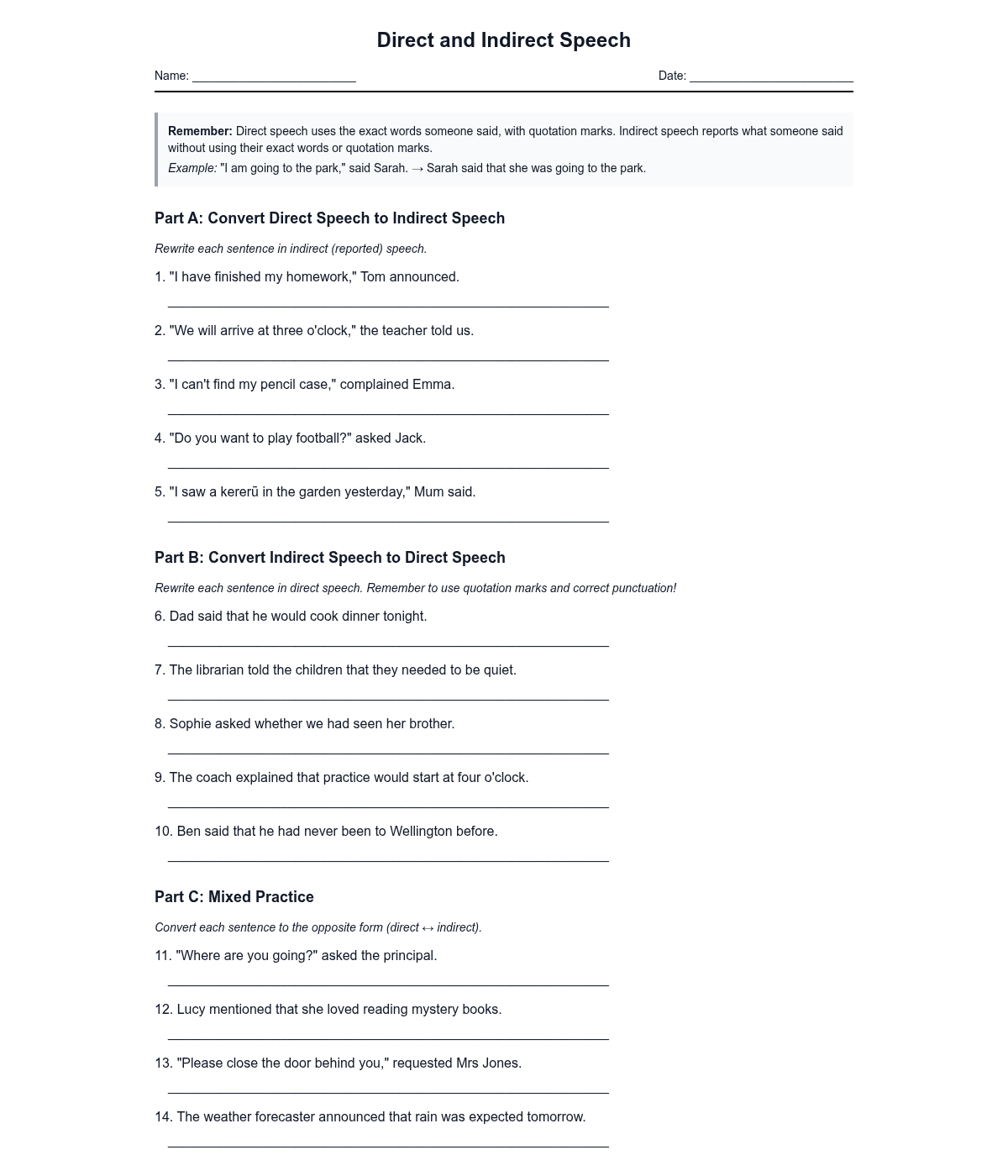Direct and Indirect Speech Conversion Practice