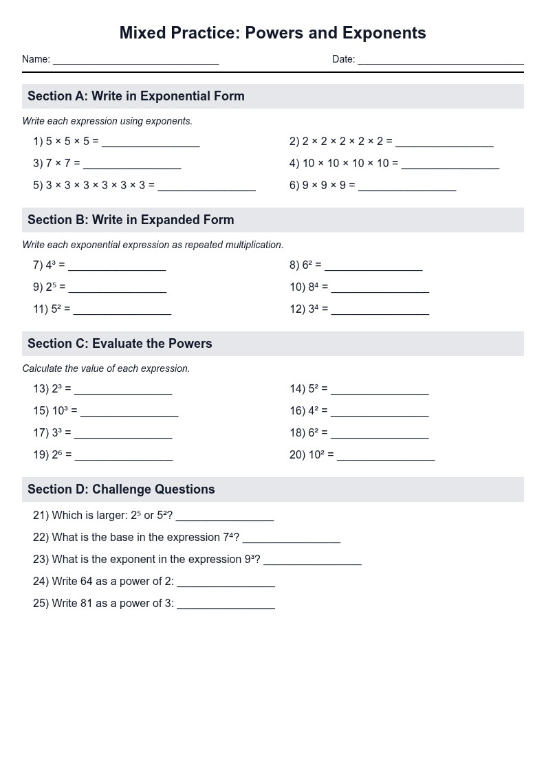 Mixed Practice: Powers and Exponents