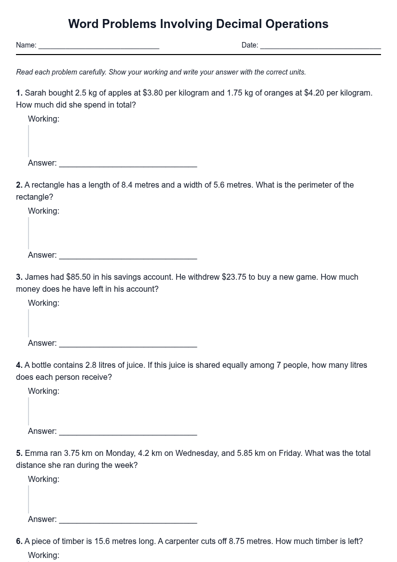 Word Problems Involving Decimal Operations