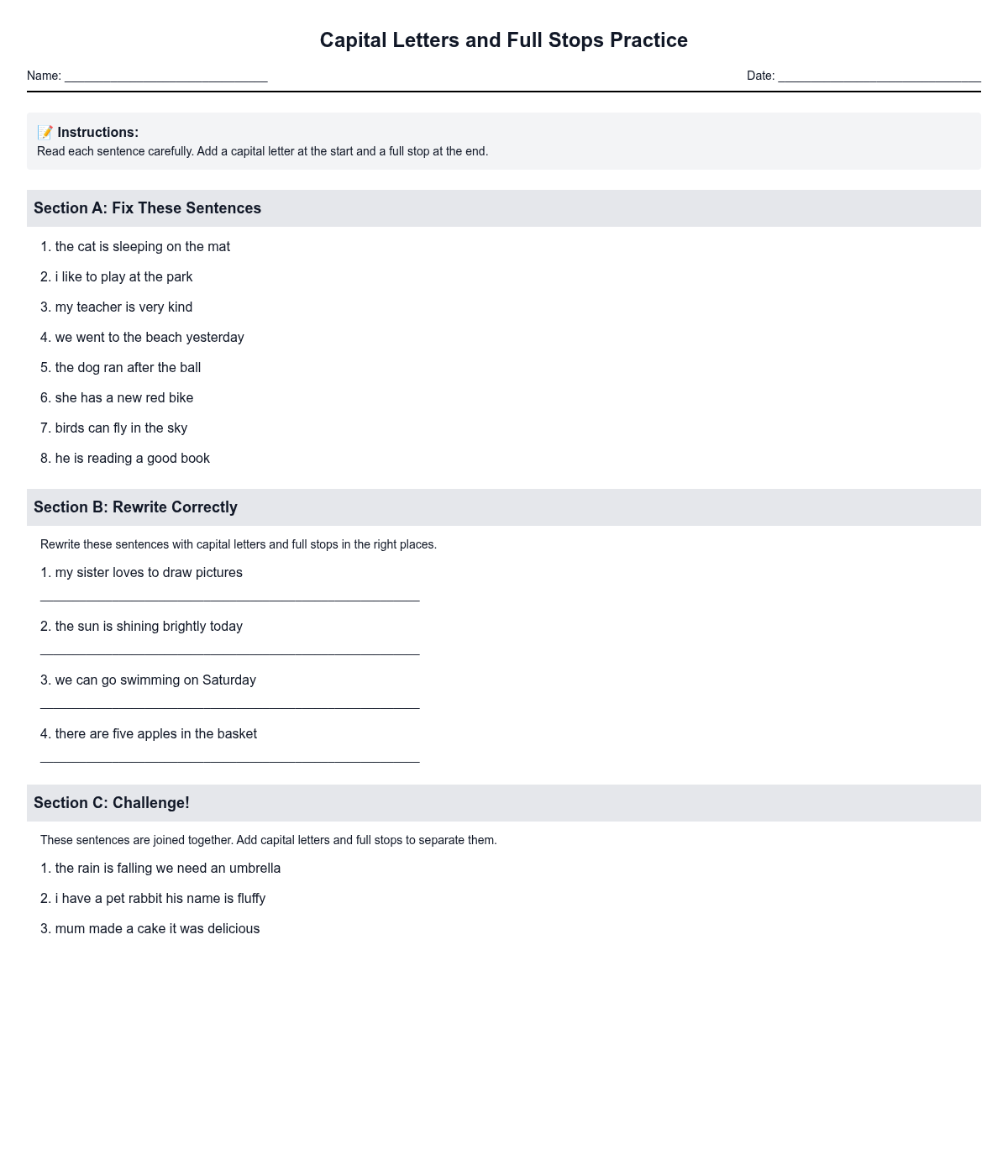 Capital Letters and Full Stops Practice
