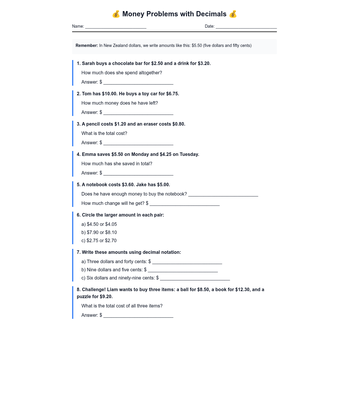 Money Problems with Decimals