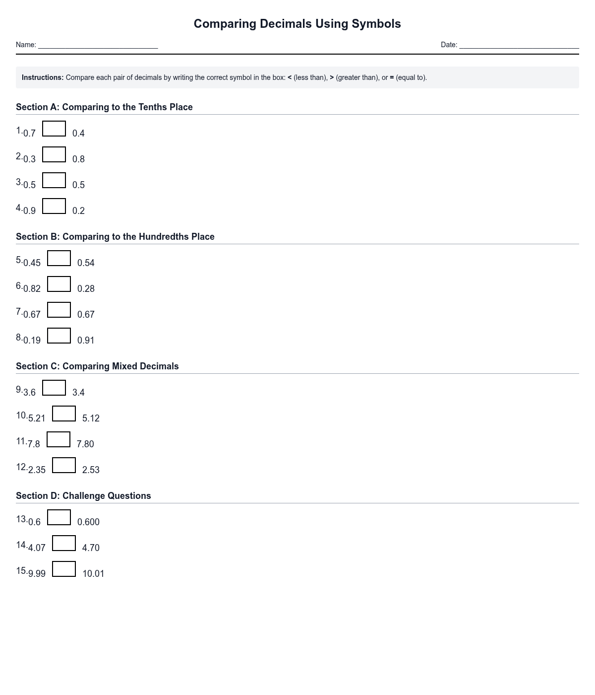 Comparing Decimals Using Symbols