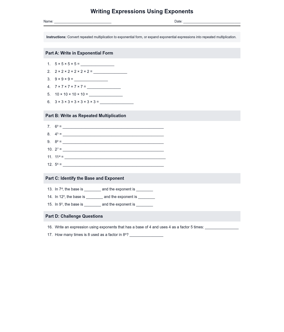 Writing Expressions Using Exponents