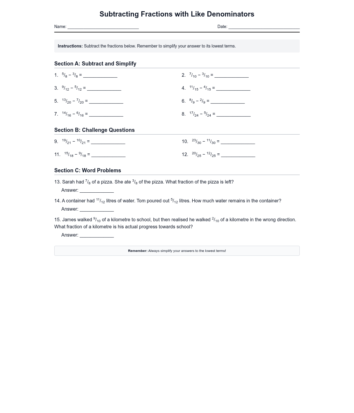 Subtracting Fractions with Like Denominators