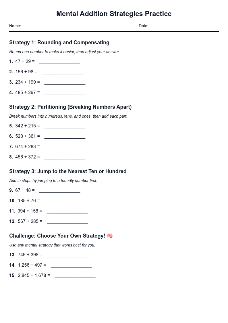 Mental Addition Strategies Practice