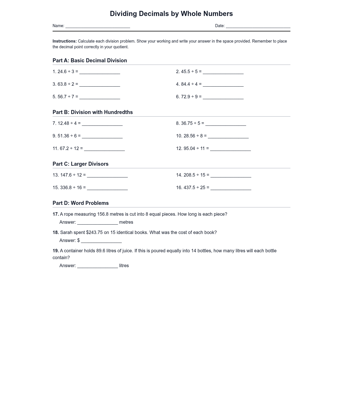 Dividing Decimals by Whole Numbers