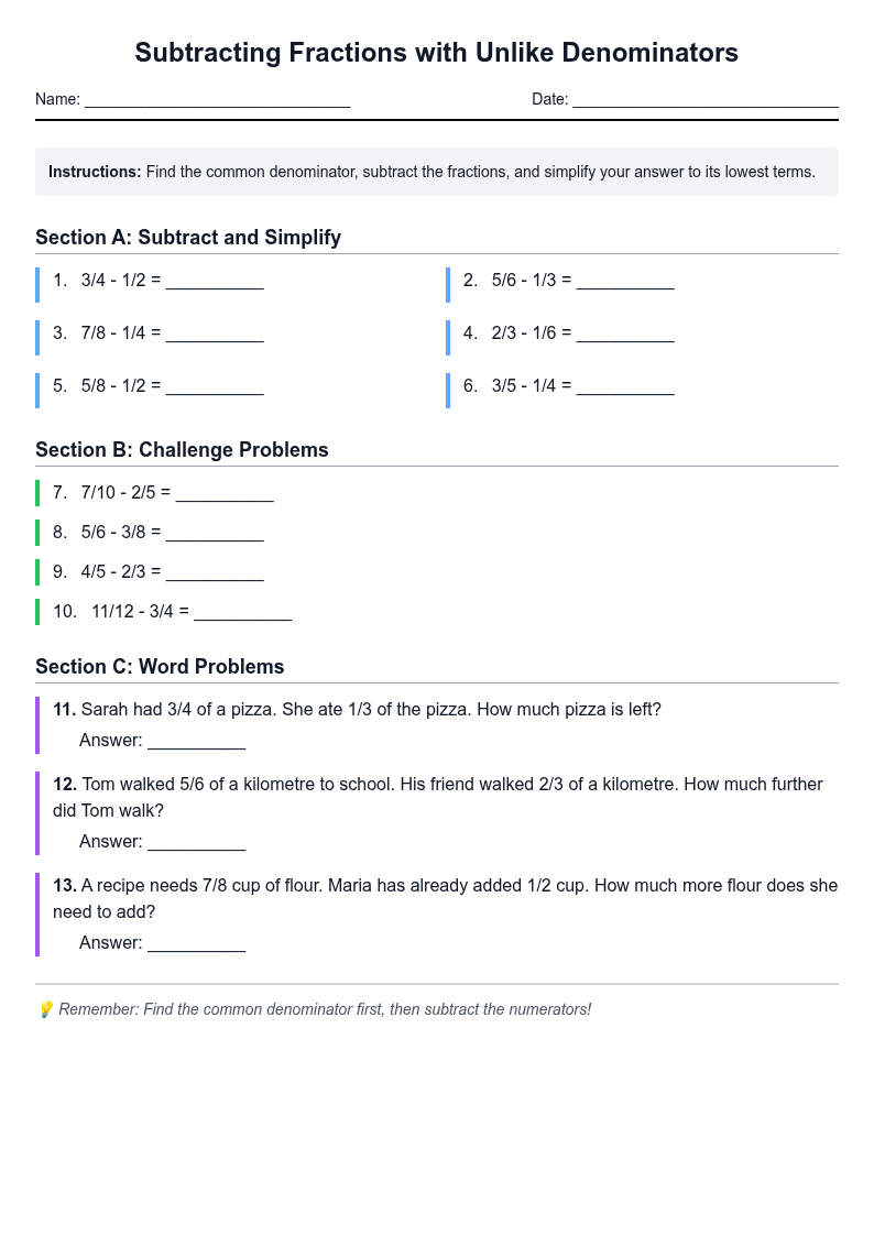 Subtracting Fractions with Unlike Denominators