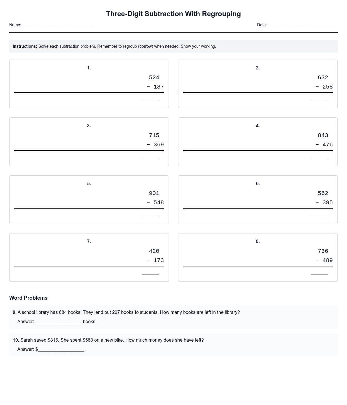 Three-Digit Subtraction With Regrouping
