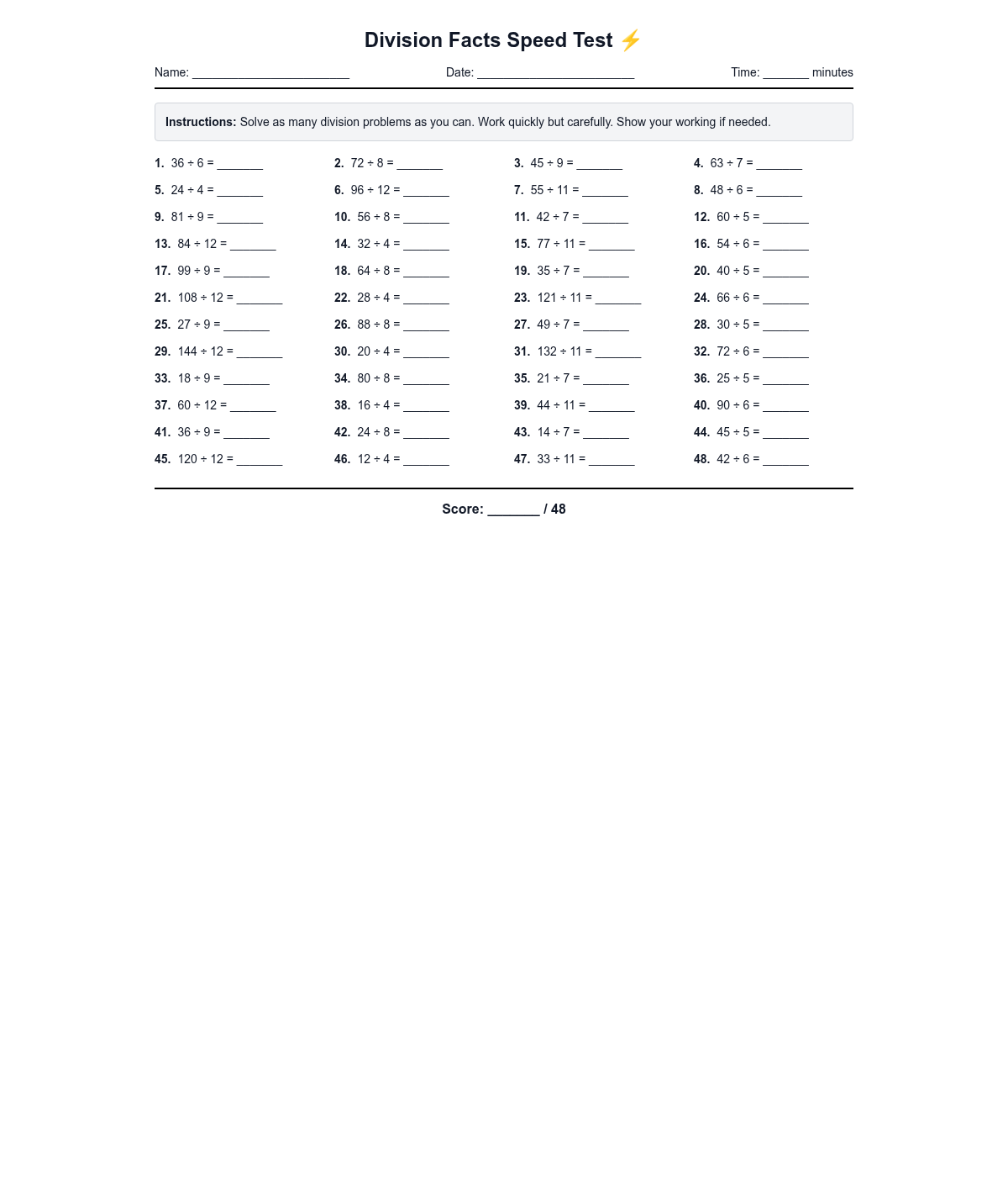 Division Facts Speed Test
