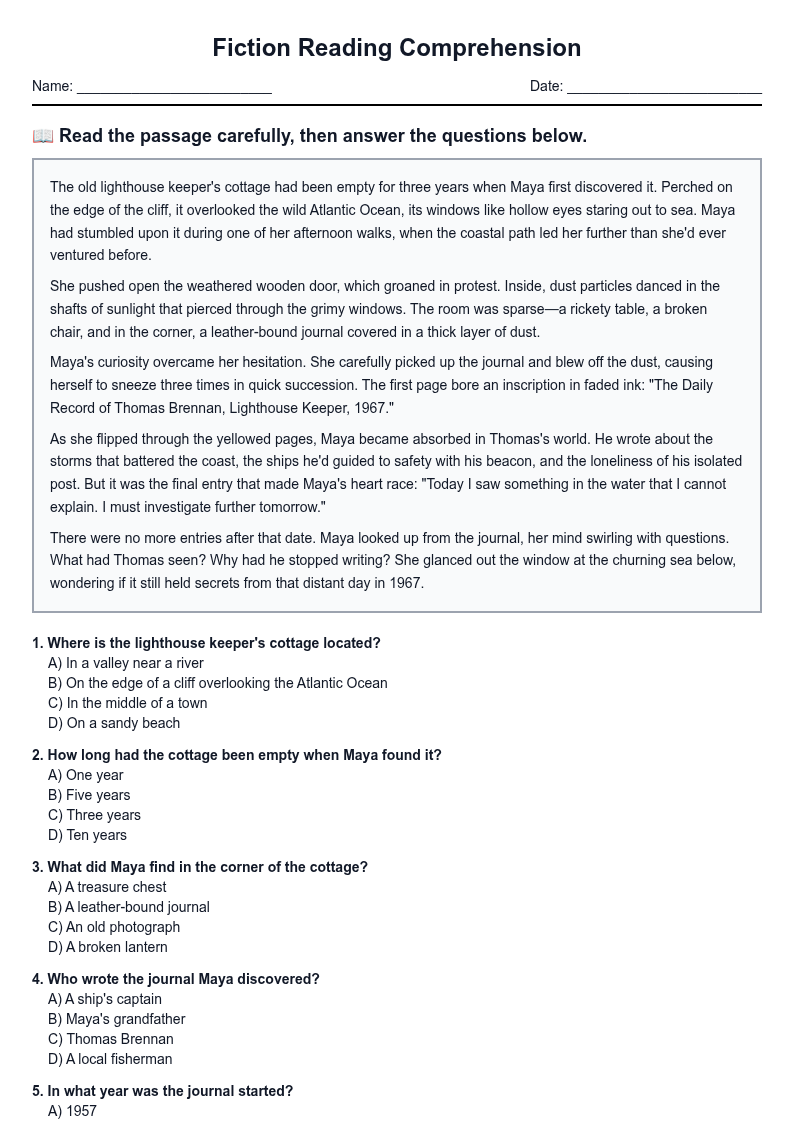 Fiction Reading Comprehension with Multiple Choice Questions